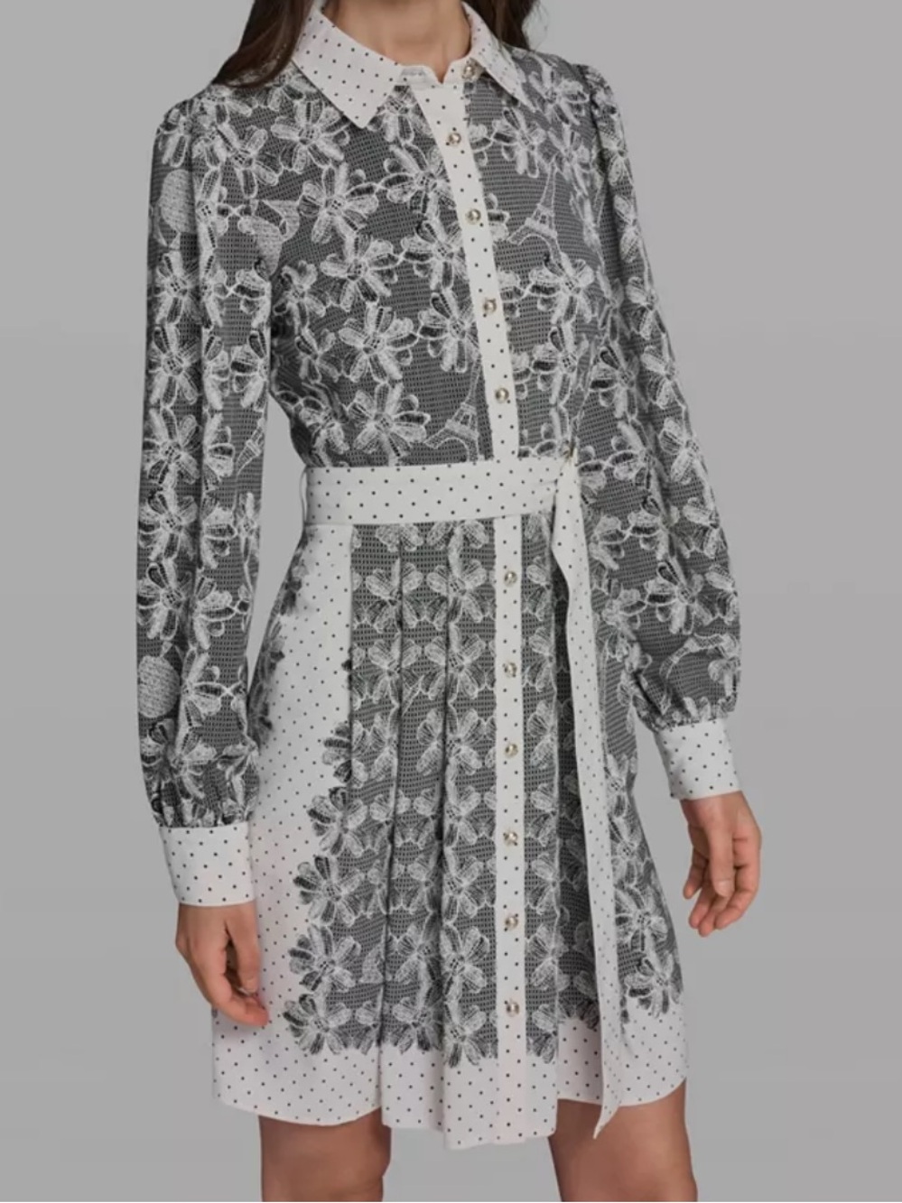 Karl Lagerfeld Black and White Lace-Print Collared Shirt Dress
